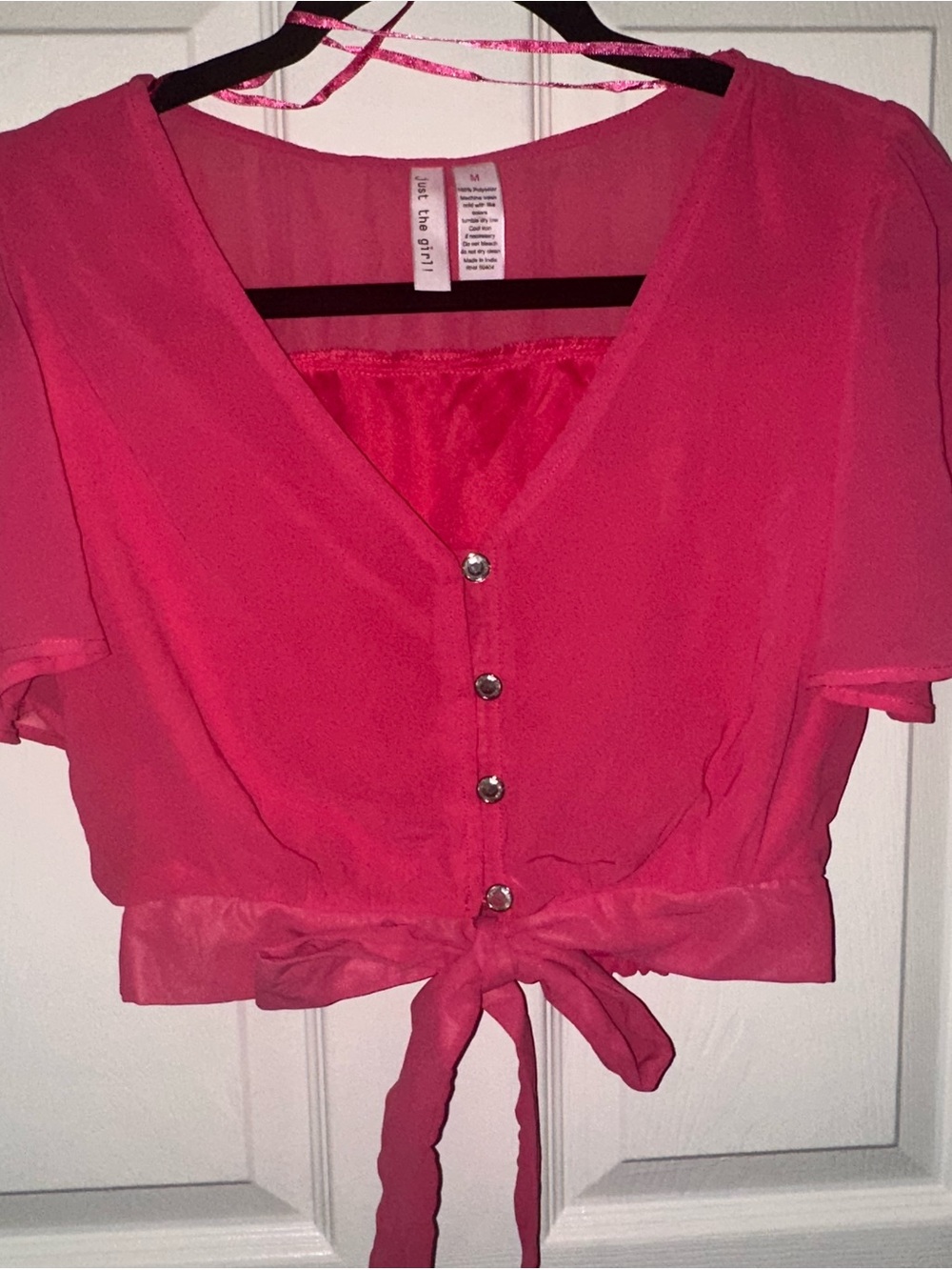 Tie-Front Button Crop Top in Bright Pink